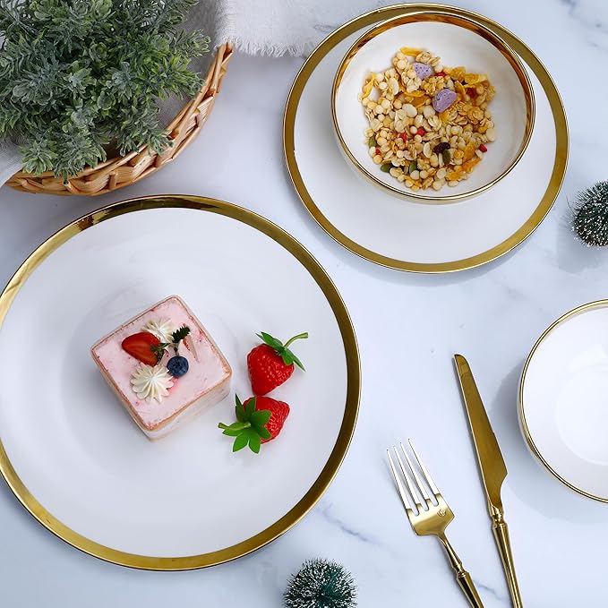 Luxury 12-Piece white Dinnerware Set with Gold Rim for 4Elegant White bone china Porcelain Plates &amp Bowls Microwave and Dishwasher Safe Chip Resistant Fine Dining Set