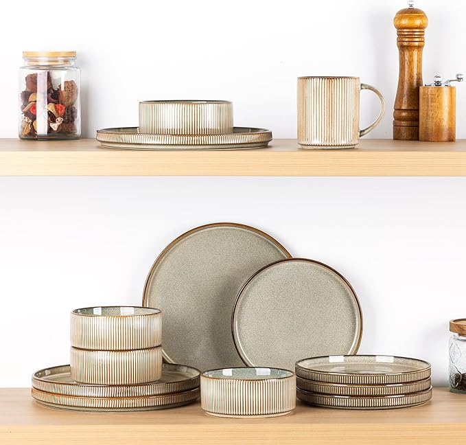 GBHOME 18-Piece Stoneware Dinnerware Set for 6 – Ribbed Ceramic Plates and Bowls Scratch-Resistant Microwave &amp Dishwasher Safe Reactive Glaze Mist Green