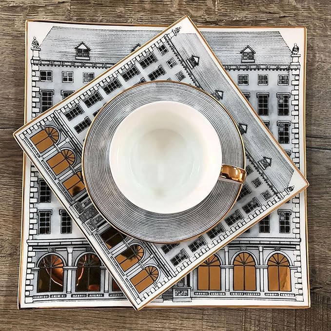Square Art bone china dinnerware set Ceramic Square Shape Plates and Gold Handle Coffee Cup European style Home Dining &amp Entertaining