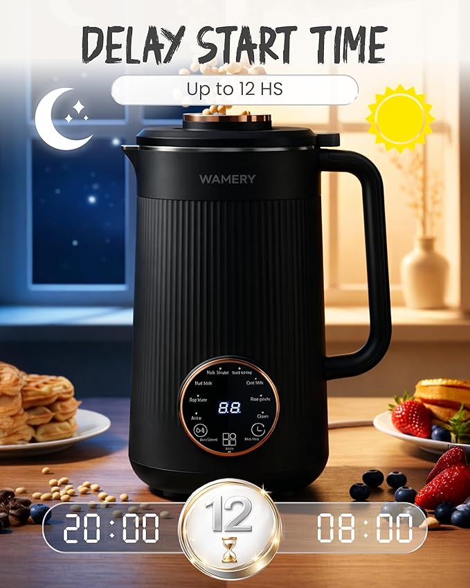 Wamery 32oz Nut Milk Machine (Black) - Soy Milk Maker for Almond &amp Oat Blender Automatic Heated Programs Self‑Cleaning Delay Start Keep Warm &amp Boil Water 1‑Liter Capacity with Starter Ki