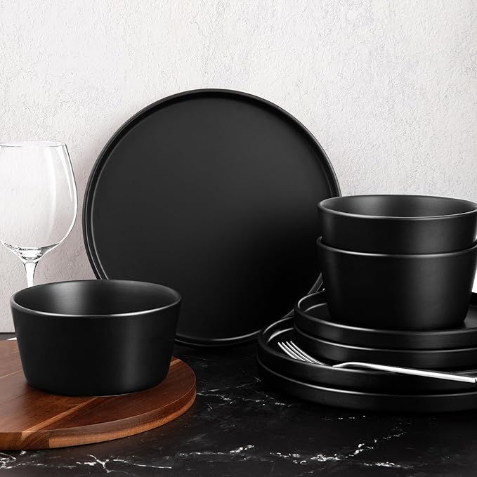 Zulay Kitchen Terra Plates and Bowls Sets 16 Piece Modern Stoneware Dish Set for 4 Chip and Scratch Resistant Ceramic Dinnerware Set Microwave and Dishwasher Safe Matte Black