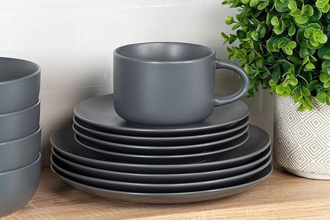10 Strawberry Street Wazee Matte Coupe Dinnerware Set 16 pc Charcoal Gray