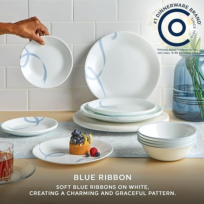 12-Piece Premium Triple-Layer Glass Dinnerware Set Service for 4 Classic Blue Ribbon Pattern Design Chip and Crack Resistant Tableware for Daily Dining Dishwasher and Microwave Safe Kitchen Essent