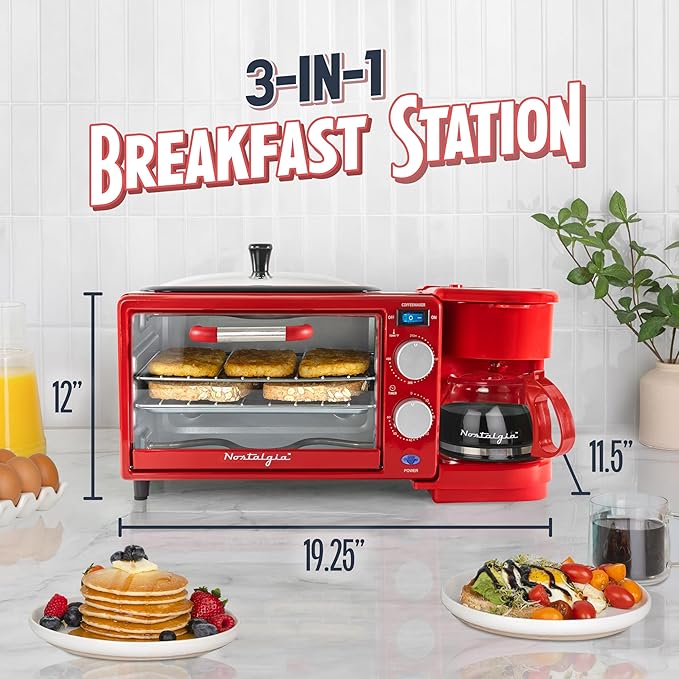 Nostalgia 3-in-1 Retro Breakfast Station - Includes 5 Cup Coffee Maker Non-Stick Ceramic Griddle and 4-Slice Toaster Oven - Built-In Timer Reusable Coffee Filter Space-Saving Design - Red