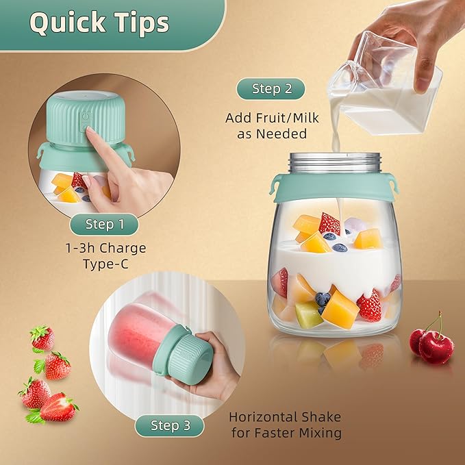 1100ml Portable Juicer with 10-Blade Turbo Juicing USB-C Fast Charging 12+ Cups per Charge Juice Glass with Sip Lid &amp Carrying Strap for Travel &amp office &amp Gym. Not for Ice Crushing. (Gr