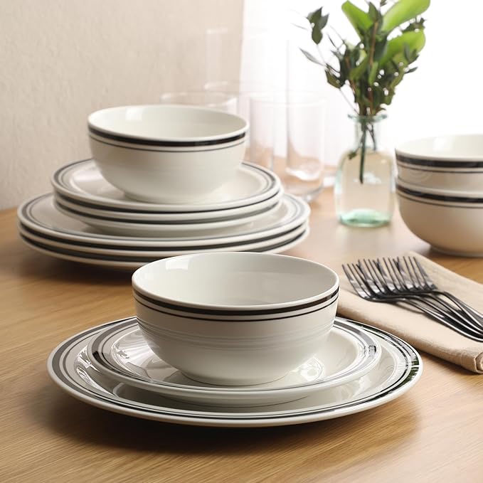 Gibson Home Hometown Diner 12-Piece Porcelain Dinnerware Set Round Plates and Bowls Set for 4 White with Black Rim Dishwasher Safe – Dinner Plate Salad Plate &amp Cereal Bowl