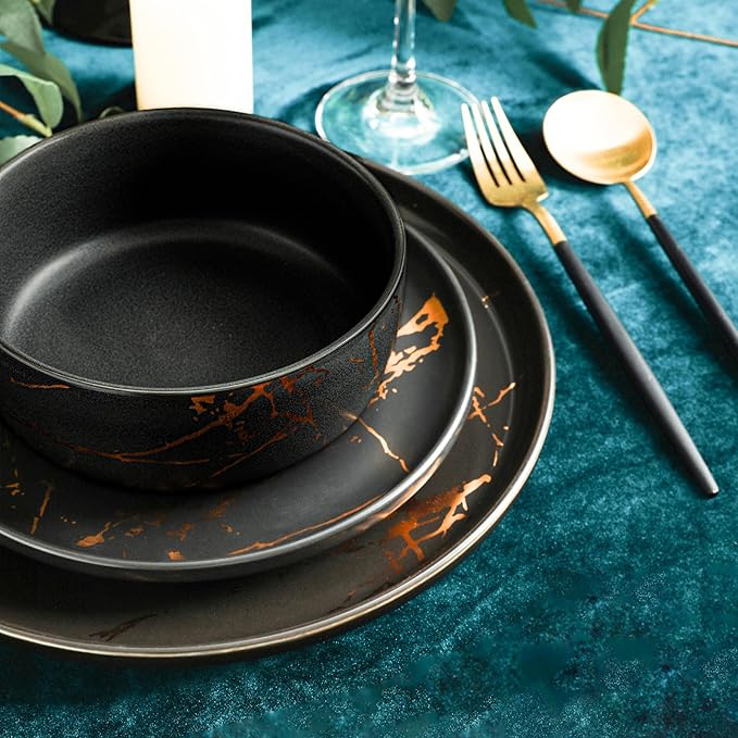Stone Lain Porcelain 32 Piece Dinnerware set 8 Full Black Gold Splash Sets