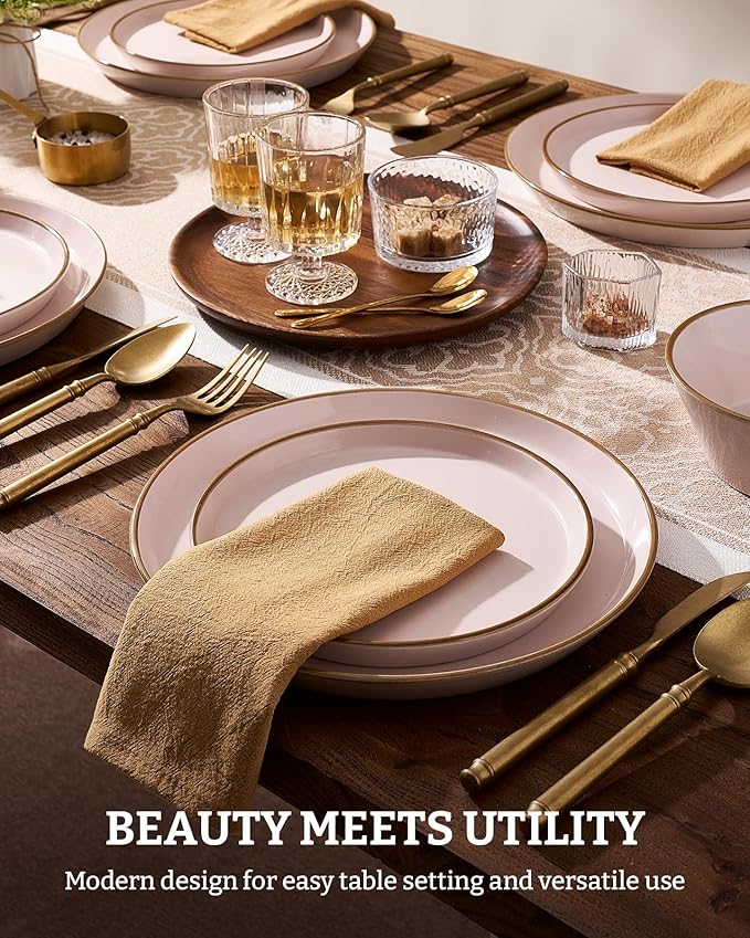 Famiware Saturn Dinnerware Sets Plates and Bowls Sets for 4 12 Pieces Stoneware Dish Set - Chip and Scratch Resistant Microwave and Dishwasher Safe Tableware Set Light Pink with Rim