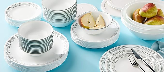 Corelle Vitrelle 78-Piece Service for 12 Dinnerware Set Triple Layer Glass and Chip Resistant Lightweight Round Plates and Bowls Set Mystic Gray