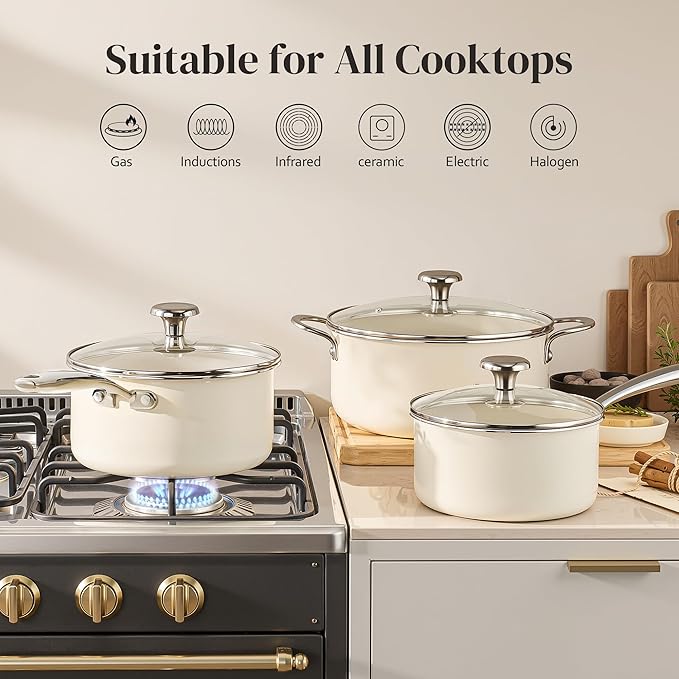 Redchef Cooking Pot Set Induction 5Qt Saucepan Set 2.5/3.5Qt Nonstick Ceramic Cookware Set Compatible All Cooktops Even Heat Stay-Cool Handles Oven/Dishwasher Safe PTFE PFAS Free (Beige)