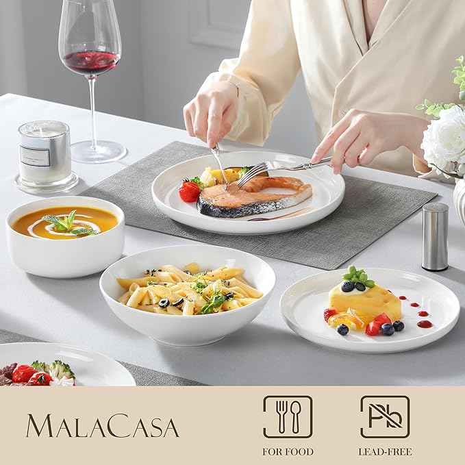 MALACASA Plates and Bowls Sets 24 Pieces Modern Porcelain Dinnerware Set for 6 Ceramic Dishware Dishes White Kitchen Dinner Dining Ware Set Microwave and Dishwasher Safe Series LUNA