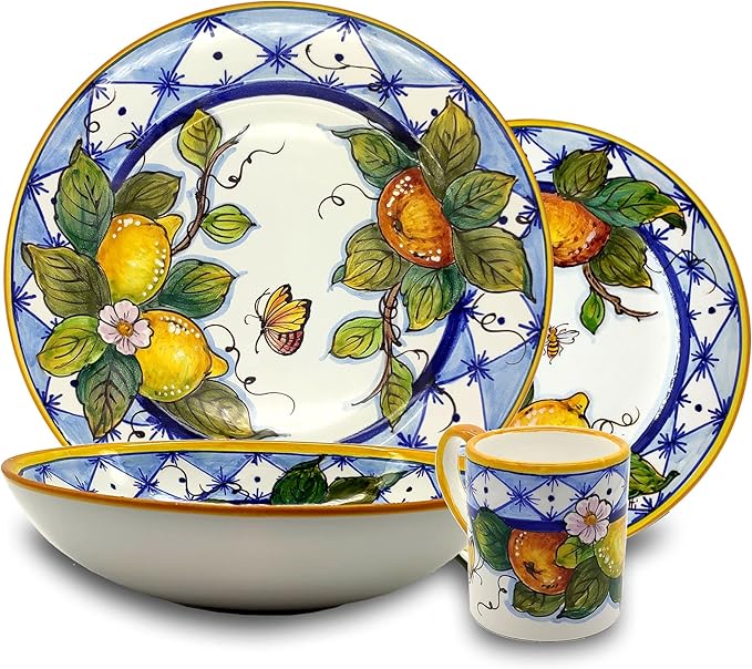 Italian Ceramic dinnerware set - Hand Painted kitchen Pasta Bowls sets for 4 - Made in ITALY Tuscany - Italian Pottery dinner plates - Home Decor Lemon Ischia Ceramics dishes set - Service For 4
