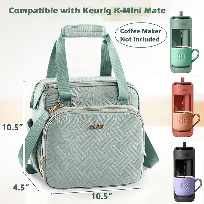 BAGSPRITE Coffee Maker Travel Bag Compatible with Keurig K-Mini Mate Full Open Carrying Case with Quilted Padded Soft Microfiber K--Cup Single Serve Coffee Maker Bag with Pod Organizer Mug Pockets