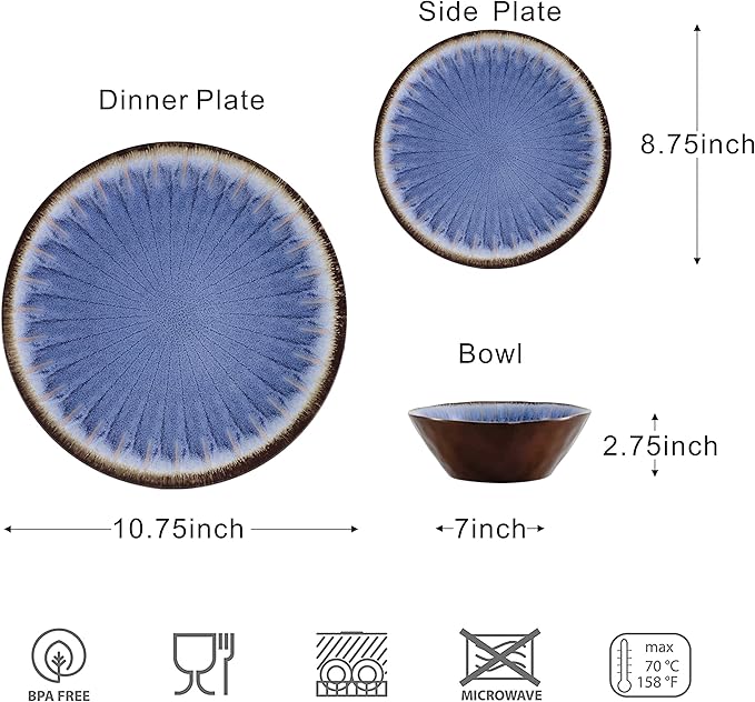 Melamine Dinnerware Sets 12 Pcs Plates and Bowls Sets Melamine Plates Outdoor Dishes Sets Unbreakable Dinnerware Serving Dishes for Entertaining Dishwasher Safe BPA Free (Classic Blue)