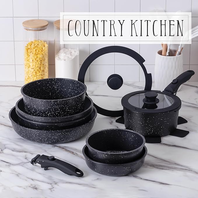 Country Kitchen Cookware Set with Removable Handle Oven &amp RV Safe Pots and Pans Set Black Deluxe Larger Set