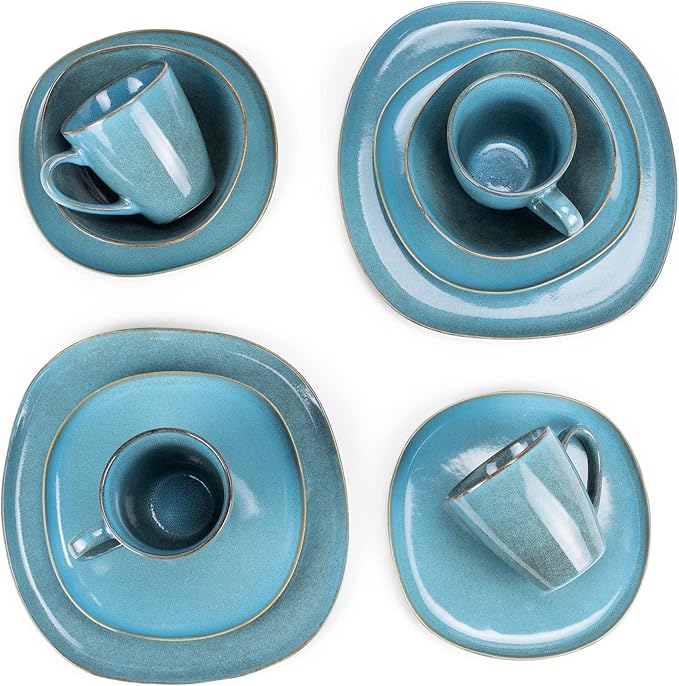 Elanze Designs 16-Piece Modern Luxury Chic Smooth Vintage Handmade Shape High Gloss Ceramic Stoneware Square Plate Mug &amp Bowl Kitchen Dinnerware 16 Piece Set - Service for 4 Turquoise