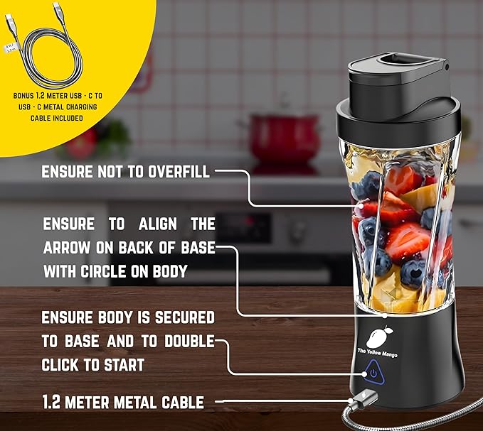 TORPEDO Portable Blender (Black) Cordless 24oz. Vessel Personal Blender for Shakes &amp Smoothies BPA Free Leakproof Sip Lid &amp Self Cleaning - Travel with 6 Sharp Blade USB - C Metal Cable