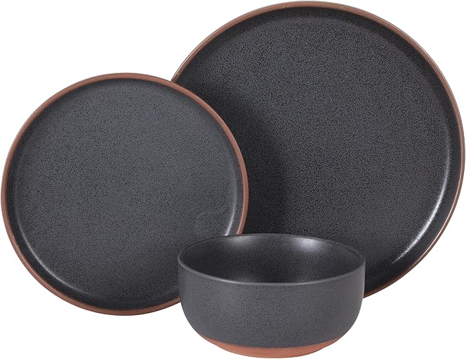 Gibson Elite Abbey Circle 12 Piece (Service for 4) Plates and Bowls Reactive Matte Glaze Dishes Stoneware Ceramic Dinnerware Set - Navy Blue