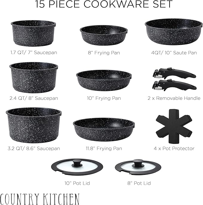 Country Kitchen Cookware Set with Removable Handle Oven &amp RV Safe Pots and Pans Set Black Deluxe Larger Set