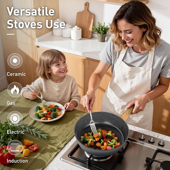 DishDelight Induction Pots and Pans Set 12 Piece Nonstick Cookware Granite Cooking Set with Frying Pans Gray