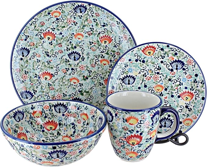 Blue Rose Polish Pottery - Green Desert Oasis 16 Piece Dinner Set - 4 Place Settings - Great for Everyday Dining Casual Dining or as Formal Dinnerware