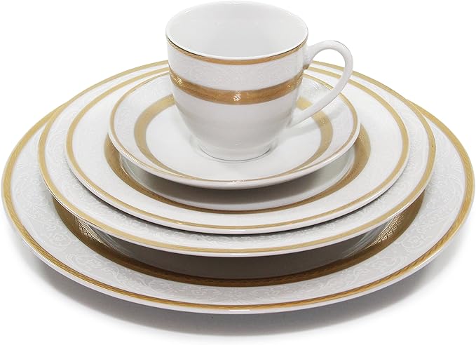 Royalty Porcelain Queen 5-Piece White and Gold Dinnerware Set 24K Gold-Plated Fine Porcelain Service for 1