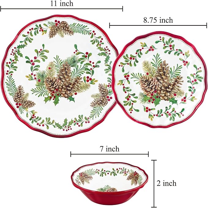 UPware 12 Piece Pinecones Melamine Dinnerware Sets Outdoor Dishes Set Plates and Bowls Sets Christmas Decorations Service for 4 Red