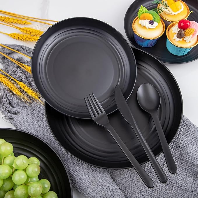 EI 42pcs Wheat Straw Dinnerware SetUnbreakable Reuasble PlatePlastic Plates and Bowls SetsLightweight Dinnerware for CampingPicnincParty-Black BowlsPlatesCupsCutlery