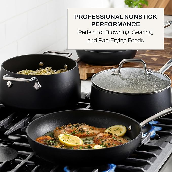 All-Clad HA1 Hard Anodized Nonstick Fry Pan Set – 5-Piece Cookware 8 10 12 Skillets with Lid Induction Compatible Oven Safe to 500°F Lid Safe to 350°F Black