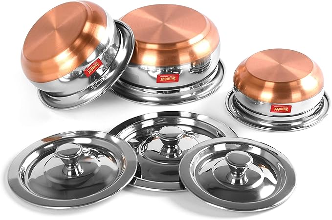 Sumeet Stainless Steel Copper Bottom 3 Pc Handi/Cookware/Serveware Pot Set with Lid 360ML 500ML 800ML (Silver)