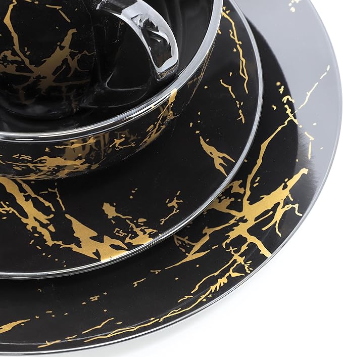Elama Fine Marble 16 Piece Glossy Round Porcelain Dinnerware Set Black and Gold Tableware Set Serveware Set (Black)