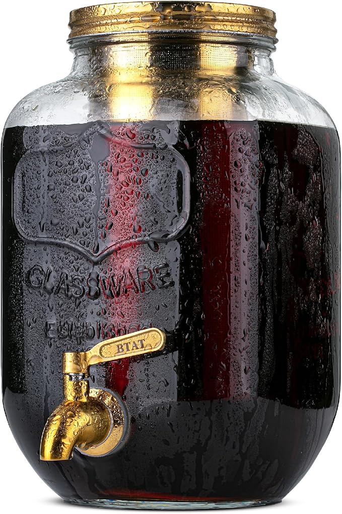 BTaT- 1 Gallon Cold Brew Coffee Maker Thick Glass Pitcher with Stainless Steel Filter Lid &amp Spigot Iced Coffee &amp Sun Tea Brewer Large Mason Jar Cold Brew Container Fast Iced Tea Maker for