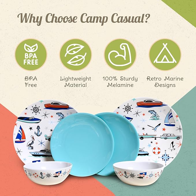 Melamine Dinnerware Sets - 6-pc Marine Dish Set - 2 Bowls 2 Salad &amp 2 Dinner Melamine Plates for Indoor &amp Outdoor - BPA Free Dishwasher Safe Shatter-Res Dinnerware Set - Camping Dishes Cam