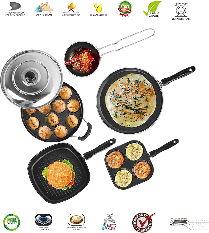 Sumeet 2.6mm Thick Non-Stick Beet Cookware set (Dosa Tawa – 26.5cm Dia + Multi snack maker – 26.5cm Dia + Grill Pan – 1.1Ltr + Grill Appam Patra With Lid – 23cm Dia + Tadka Pan – 10cm Dia)