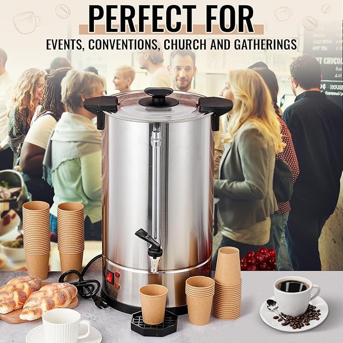 VIHOSE Commercial Coffee Maker Stainless Steel Electric Coffee Urns with 5oz Paper Cups and Coffee Drip Trays Hot Water Large Coffee Dispenser for Catering Restaurant Home Party (100 Cup/ 15 L)