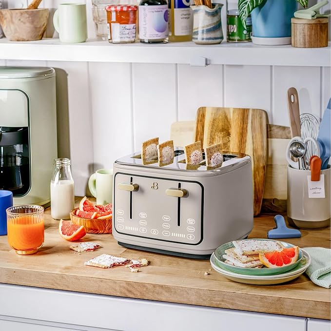 4 Slice Toaster with Touch Control Panel 1800W Fast Heating 7 Toast Shade Levels Extra Wide Slots for Bagels Removable Crumb Tray (Porcini Taupe)