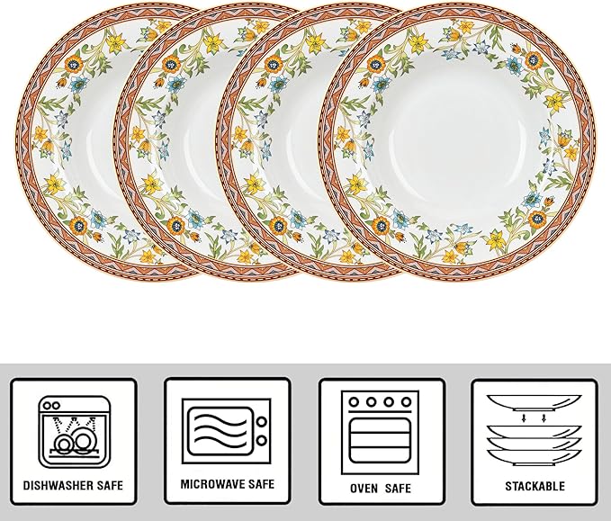Bone China Deep Plate Set of 4 Dinner Plates Salad Plates Dinnerware Sets Serving Bowls Soup Bowls Tableware Set for Home and as a Gift (Wild Flowers)