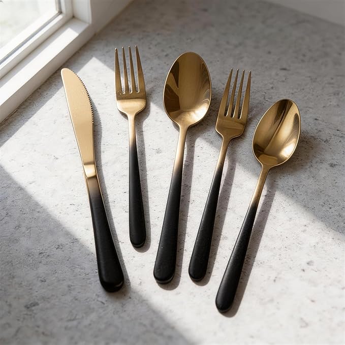 Black Silverware Set for 4 Elegant 20 Piece Flatware Set 18/10 Stainless Steel Nice Weight Mirror Polished Unique Black Gradual Change Gold Cutlery Utensils Sets for Home Kitchen Restaurant