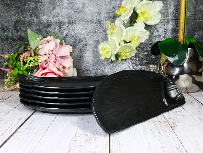 Ebros Gift Contemporary Ridged Matte Black Melamine Series Dinnerware Serveware Kitchenware Set Japanese Chinese Restaurant Supply (Pack Of 6 Half Moon Partitioned Sushi Plate Platter 11 L)