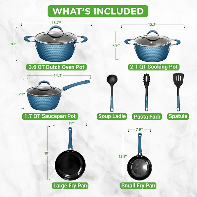 NutriChef 11 Pc Pots and Pans Set - Non Stick Cookware Set with Ceramic Coating Ergonomic Handles Induction Ready Includes Saucepan Dutch Oven Large &amp Small Fry Pans - Royal Blue