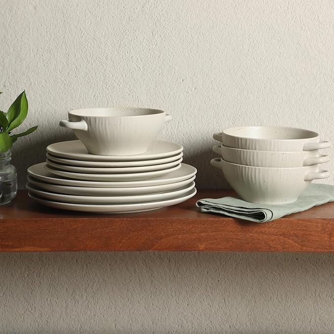 Gibson Elite Clover Hill 12-Piece Stoneware Dinnerware Set – White Cream Embossed Plates and Bowls with Matte Speckled Reactive Glaze Service for 4 – Microwave &amp Dishwasher Safe