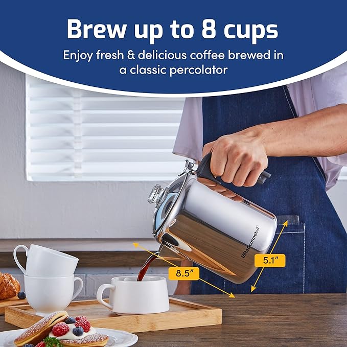 Elite Gourmet EC008X Classic 8-Cup Stovetop Coffee Percolator Glass Clear Brew Progress Knob Cool-Touch Handle Stainless Steel