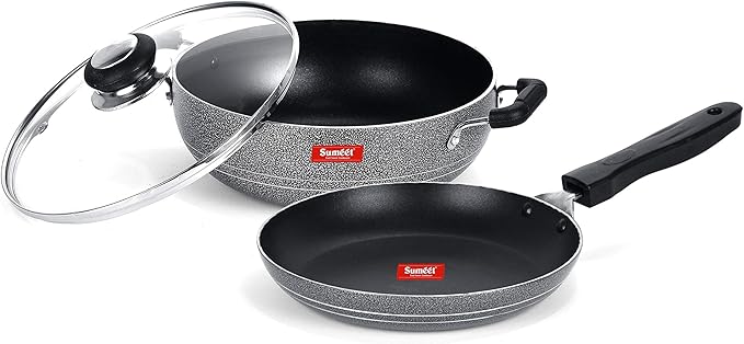 SUMEET Aluminium NonStick Kumush Cookware Set (Silver Kadhai with Glass Lid -2Ltr - 22Cm Tapper pan - 0.6Ltr - 20Cm Dia)