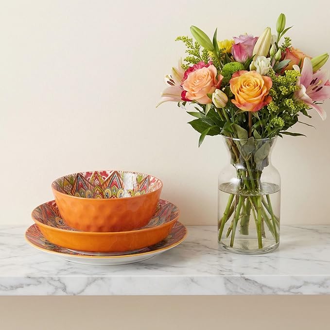 YA JU Mandala Dinnerware Sets (12 Pcs) Serves 4 Buffet Dinnerware Boho Plates and Bowls Dish Set with 8 salad Plate 8 Dessert Plate 4.8 bowl apply Casual dining Indoor Outdoor Dining Party