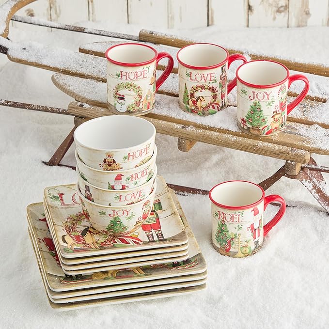 Nutcracker Parade Christmas 16 pc Dinnerware Set Service for 4 – Vintage Holiday Plates Mugs &amp Bowls – Santa Nutcracker Reindeer Art – Festive Tableware Service for 4