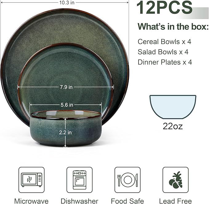 Vesteel Dinnerware Sets for 4 12-Piece Stoneware Dish and Bowls Set Handmade Reactive Glaze Coupe Plates Set for Family Chip &amp Scratch Resistant - Sage Green