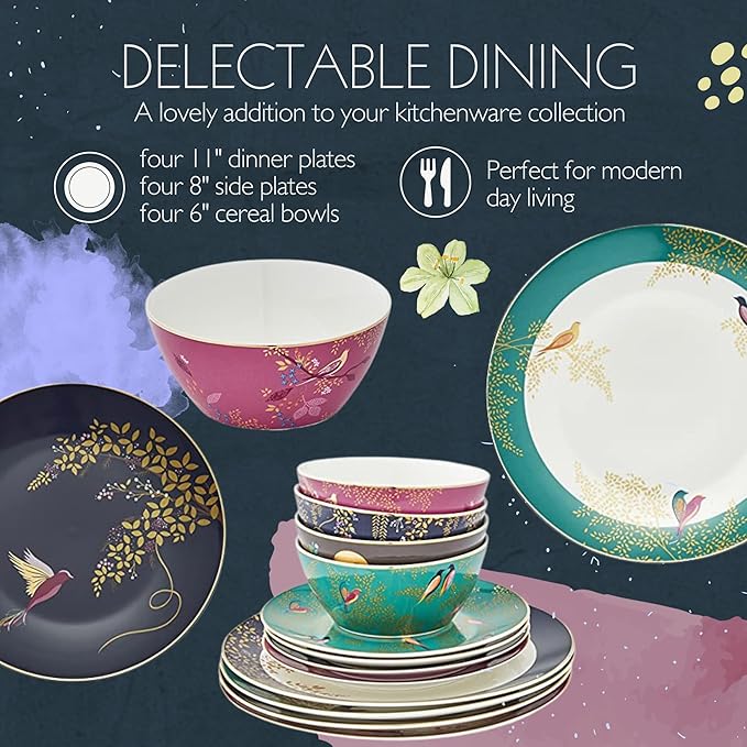 Sara Miller London Chelsea 12 Piece Dinnerware Set - Fine China Plates &amp Bowls Featuring Vibrant Birds &amp Floral Art for Afternoon Tea or Dining - Elegant Gift Box with Full Place Settings