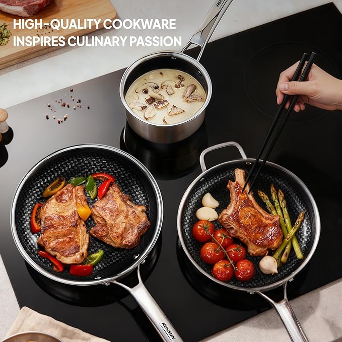 Bonnlo 11 Pieces Cookware Set 3-Ply Stainless Steel Pots and Pans Set with Lids Non-Toxic Kitchen Set Oven &amp Dishwasher Safe Induction Cooking Set PFOA &amp PTFE Free