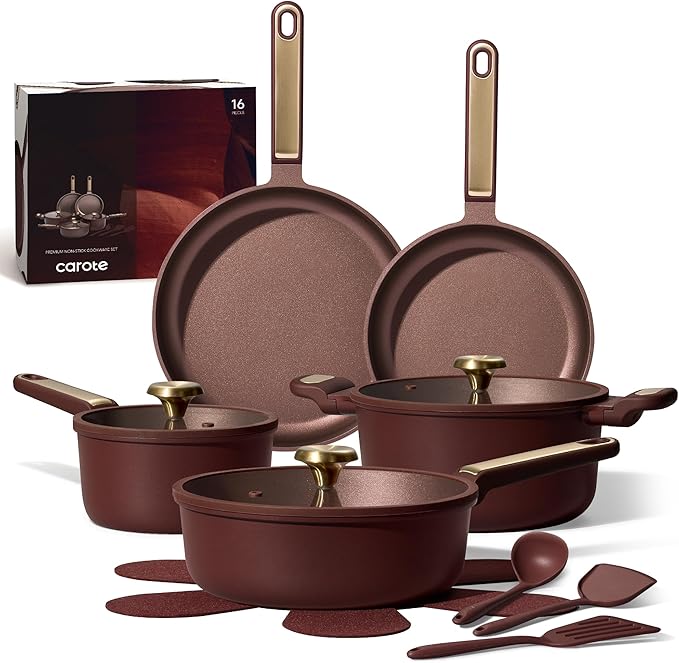 CAROTE Pots and Pans Set Nonstick 16pcs Cookware Set Nonstick Non-Toxic &amp PFOA&ampPFOS-Free Dishwasher RV/Camping Cookware Set Cooking Pots with LidsWine Red