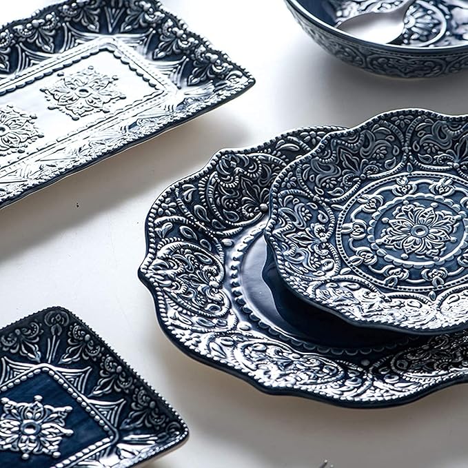 High-End Dinner Set Ceramics Dinner Sets 26 Pieces Porcelain Dinnerware Set | Relief Pattern Cereal Bowl and Steak Plate